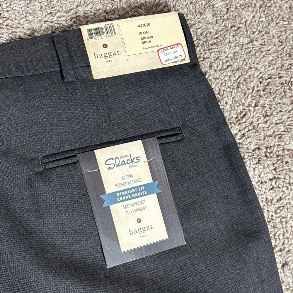 Haggar Original Slacks Mens 42x30 Brown Straight Fit No Iron‎ Dress Pants IDJ393